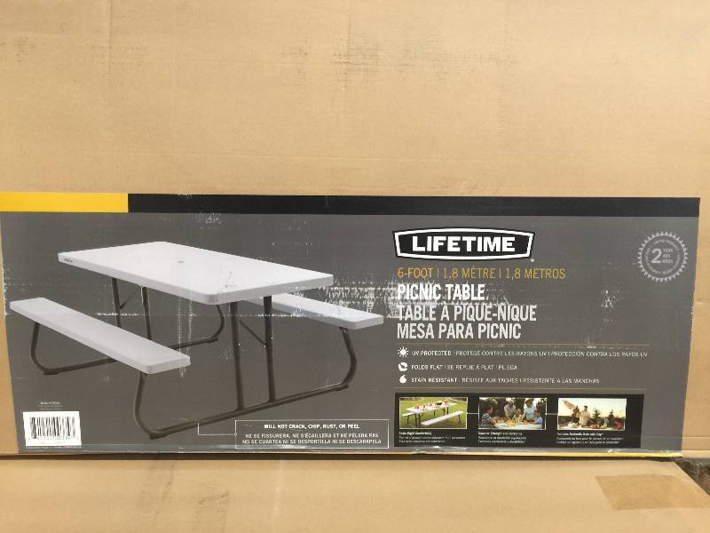 lot 12 image: Lifetime 57 in. x 72 in. Folding Picnic Table open box never used