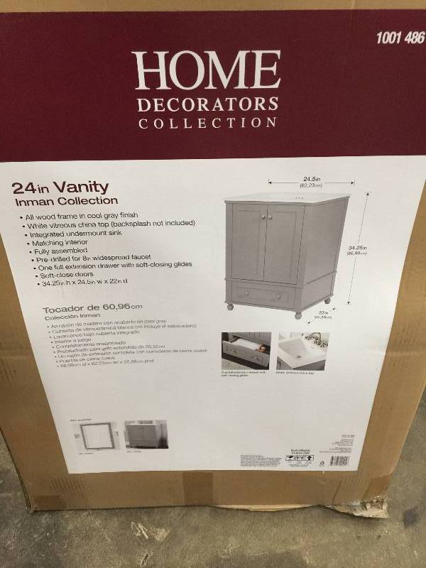 lot 18 image: Home Decorators Collection Inman 24.5 in. W x 22 in. D x 34.24 in. H Vanity in Cool Gray with Vitreous China Vanity Top in White  open box never used whit small damage stock photo are used for display this unit