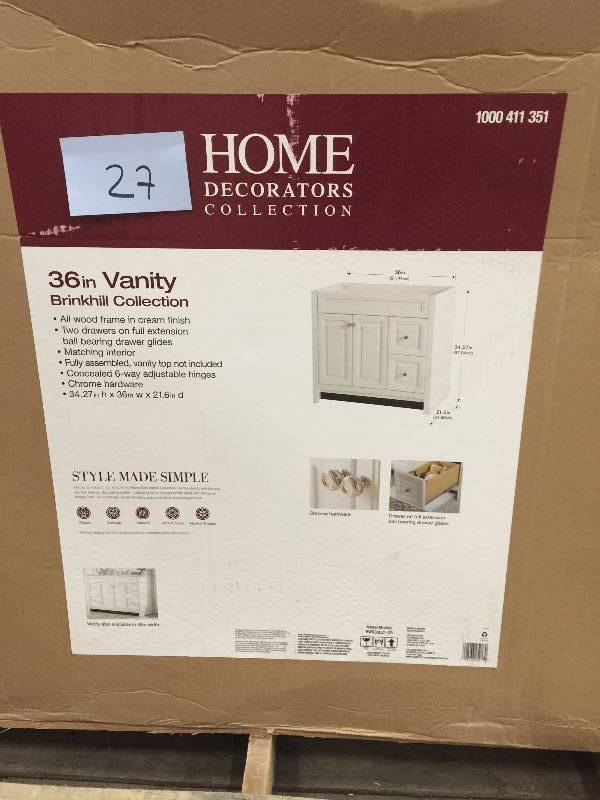lot 27 image: Home Decorators Collection Brinkhill 36 in. Vanity Cabinet Only in Cream open box never used Model # BWSD3621-CR 36.10 in. W x 21.85 in. D x 34.21 in. H