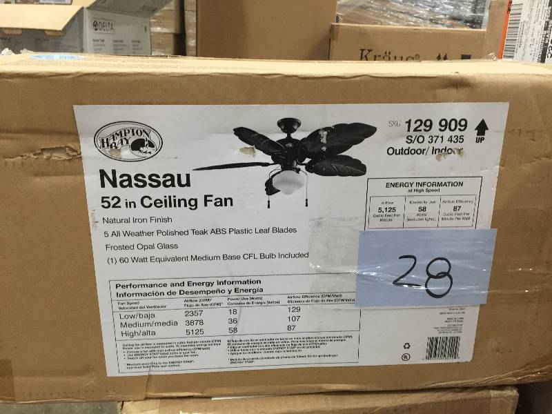 lot 28 image: Hampton Bay Nassau 52 in. Natural Iron IndoorOutdoor Ceiling Fan Model#  58020 open box never used