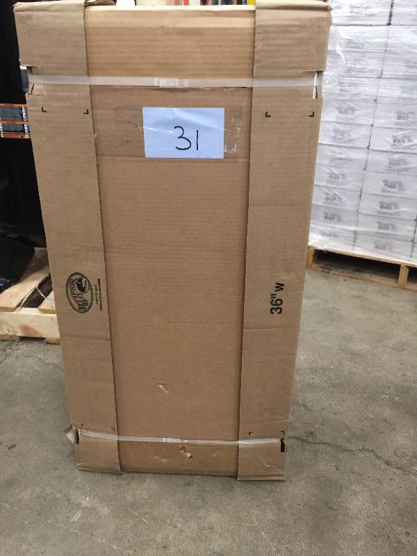 lot 31 image: Hampton Bay Hampton Assembled 36x18x12 in. Wall Bridge Kitchen Cabinet in Satin White  Model # KW3618-SW  New