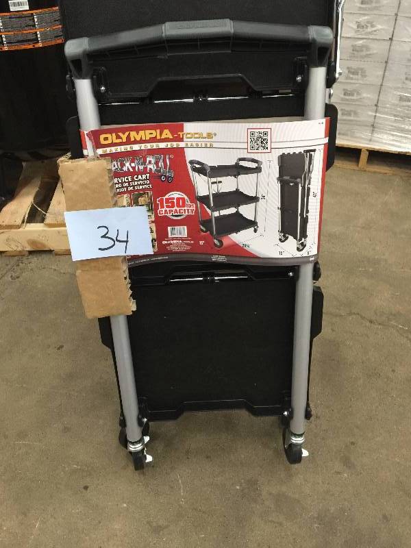 lot 34 image: OLYMPIA 3-Shelf Collapsible 4-Wheeled Multi-Purpose Utility Cart in Black Model#  85-188 New