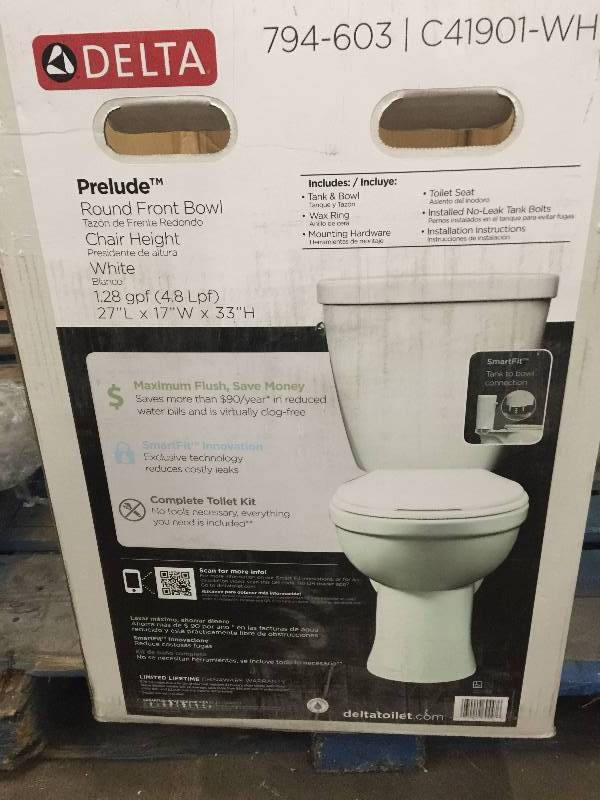 lot 36 image: Delta Prelude 2-piece 1.28 GPF Single Flush Round Front Toilet in White Model#  C41901-WH open box never used