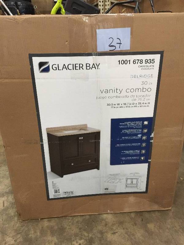 lot 37 image: Glacier Bay Delridge 30 in. W Modular Vanity in Chocolate with Solid Surface Vanity Top in Caramel open box never used