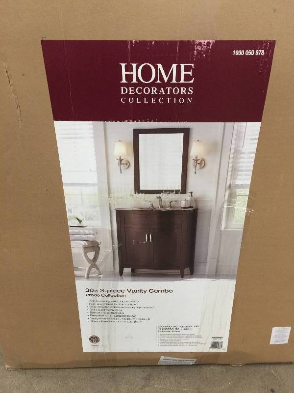 lot 39 image: Home Decorators Collection La Touche 30 in. W Vanity in Chocolate with Stone Effects Vanity Top in Cold Fusion with White Basin and Wall Mirror open box never used