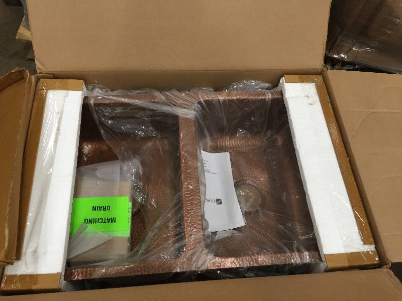lot 41 image: Glacier Bay Undermount Pure Solid Copper Sink 19 in. Double Basin 5050 Kitchen Sink in Hammered Antique Copper open box never used
