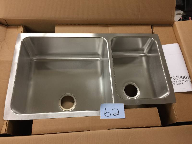 lot 62 image: Elkay Lustertone Undermount Stainless Steel 35 in. Double Basin Kitchen Sink   Model # ELUH3520L  open box never used
