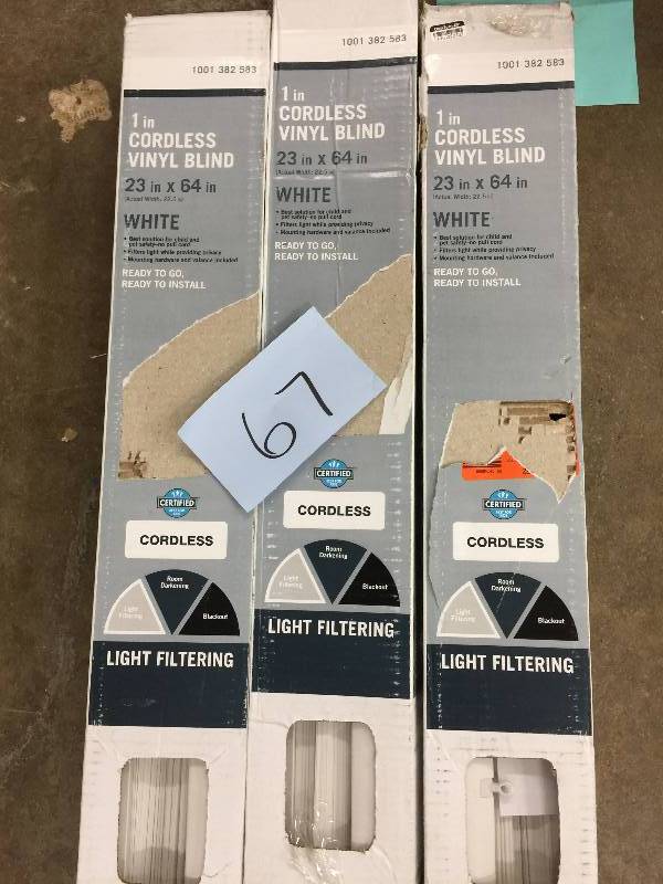 lot 67 image: Set of 2 White Cordless 1 in. Mini Blind - 23 in. W x 64 in. L open box never used