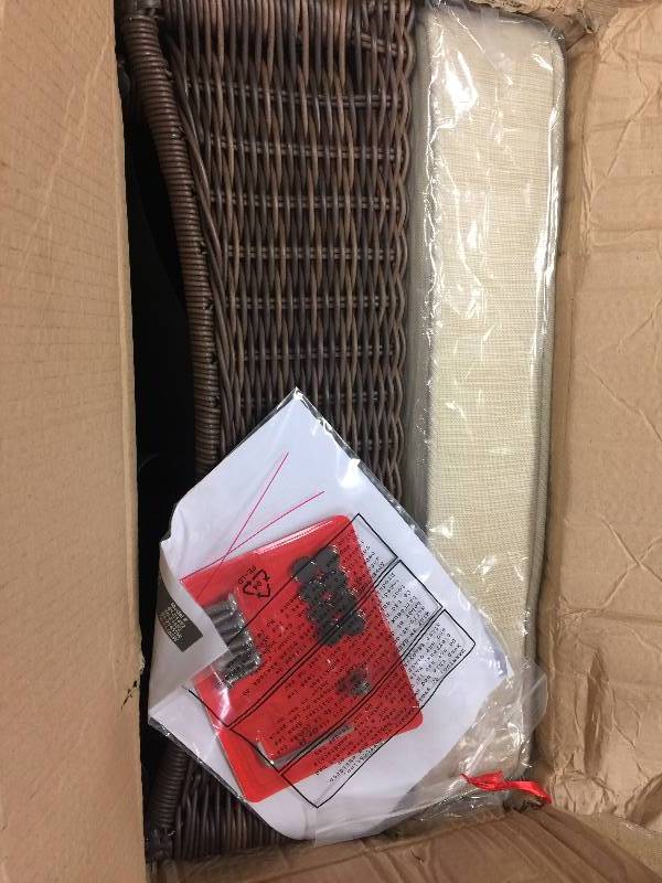 lot 70 image: Hampton Bay Park Meadows Brown Wicker Outdoor Ottoman with Beige Cushion # 65-21452 open box never used