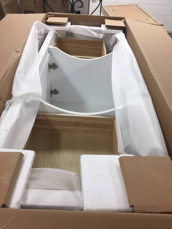lot 68 image: Home Decorators Collection  Gazette 60 in. Vanity Cabinet Only in White with Center Bowl Design open box never used