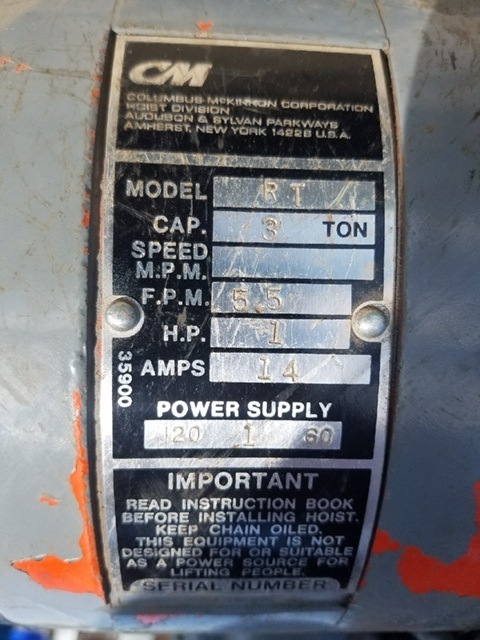 lot 1 image: CM Brand Model RT 3 Ton Electric Chain Hoist