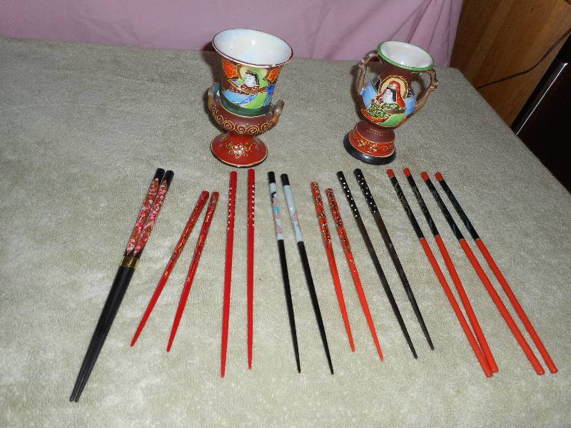 lot 32 image: Oriental Lot of Signed Chop Sticks with Japan Marked Vases