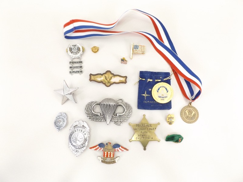 lot 8 image: Lot of Military, Police, Fire Badges, Pins, etc. 