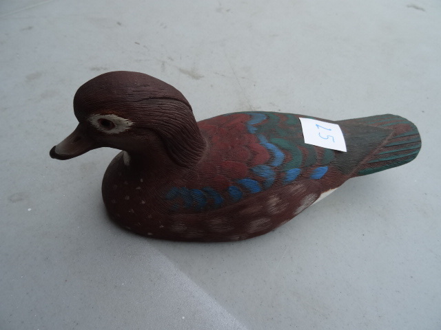 lot 25 image: Hand Crafted Wood Duck. Sharon G.