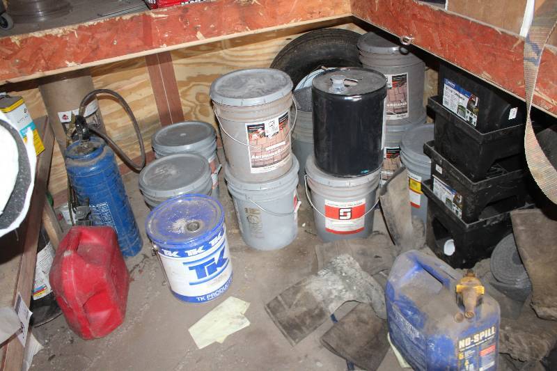 lot 40 image: Buckets of Cement Color, NDS 12x12in. Water Catch Basins w Metal Grate, Cement Work Boots