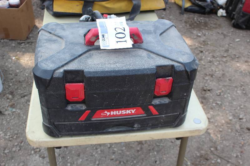 lot 102 image: Husky Tool Box w Wrenches, Ratchets, Sockets