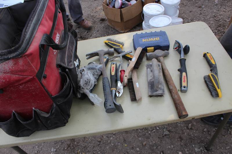 lot 97 image: Hand Tools Including Hammer, Pliers, Brushes, Cement Tools w Husky Portable Tool Bag
