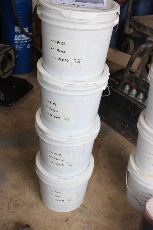 lot 159 image: Lot of (4) 5-Gallon Buckets Includes P1250 Sangria Color Lot 10130625, P1030 Manatee Color Lot 10130730, P1105 Guava Color Lot 10130740, P1040 Whale Color Lot 10130675