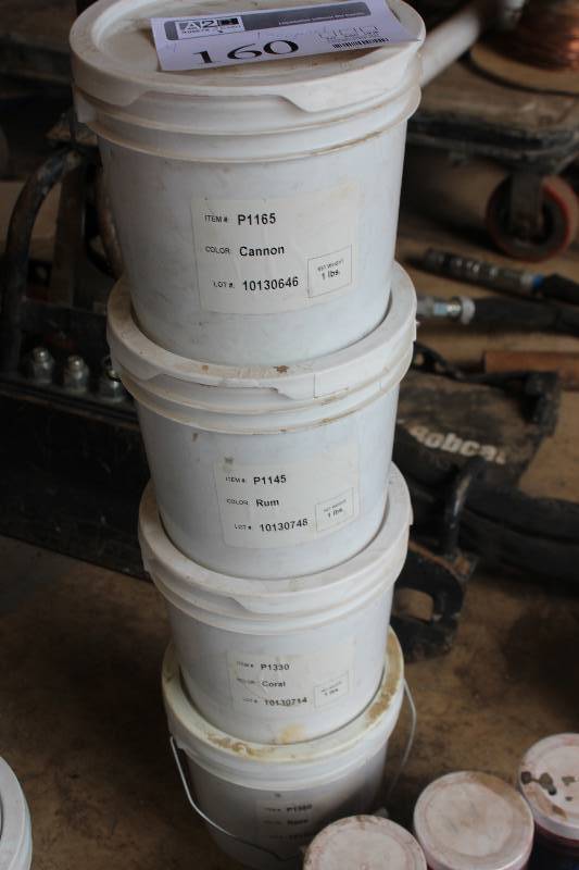 lot 160 image: Lot of (4) 5-Gallon Buckets Includes P1165 Cannon Color Lot 10130646 P1145 Rum Color Lot 10130748 P1330 Coral Color Lot 10130714 P1560 Kona Color Lot 1013042