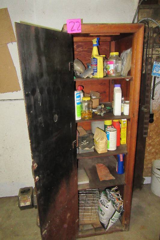 lot 22 image: Wood Storage Cabinet and contents