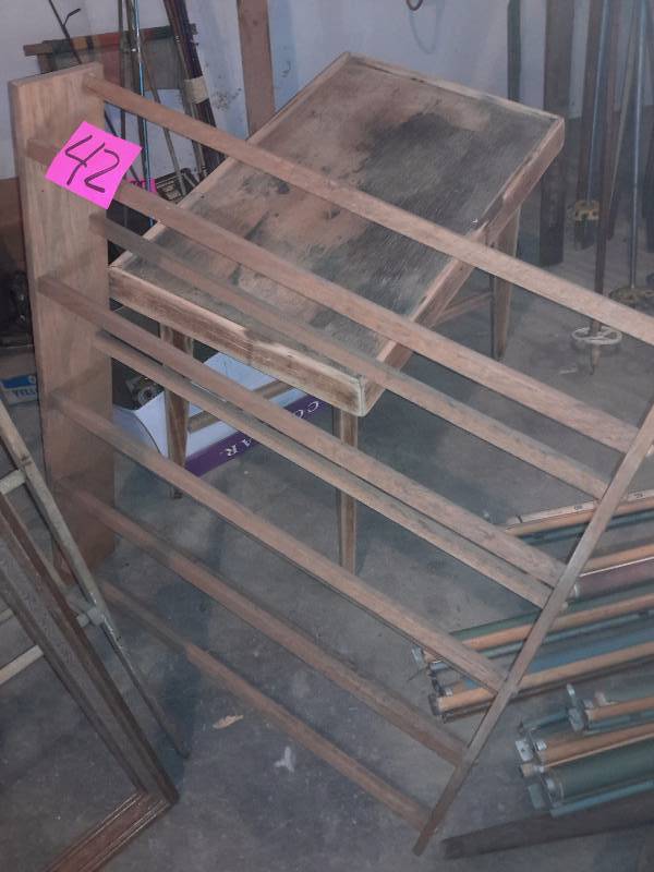 lot 42 image: Old Wood table, wood clothes rack. Picture frame
