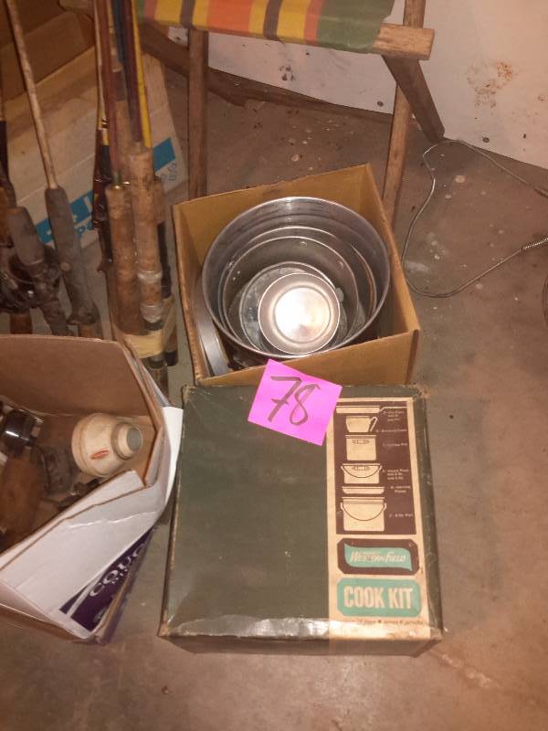 lot 78 image: Lot of old fishing poles, reels.. Camp stool, camping dishes