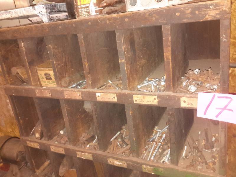 lot 17 image: Pigeon Hole storage bin and contents.. See closeups