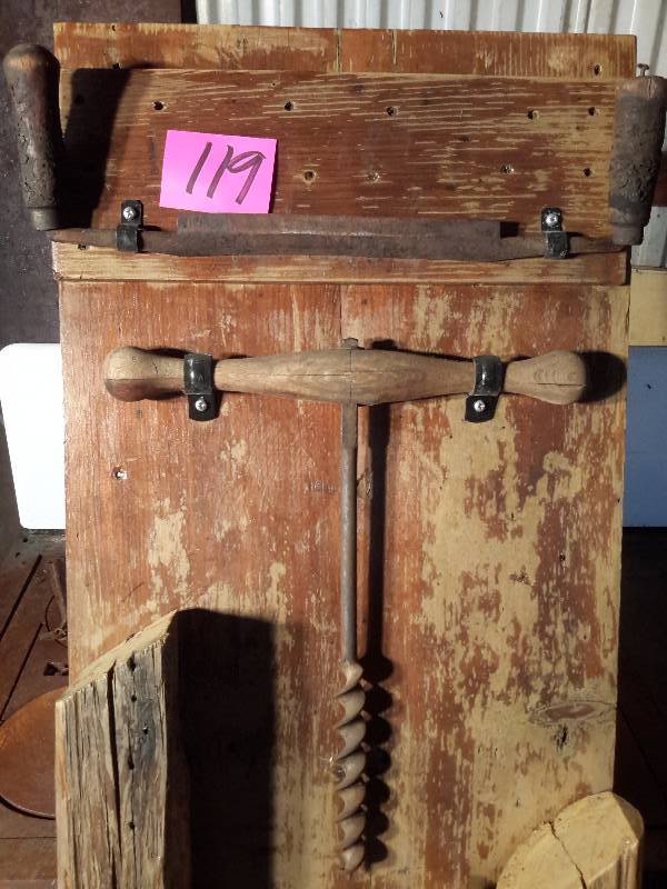 lot 119 image: Home made display of vintage tools