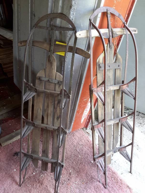 lot 232 image: 2 Vintage wood and metal flyer type of sleds