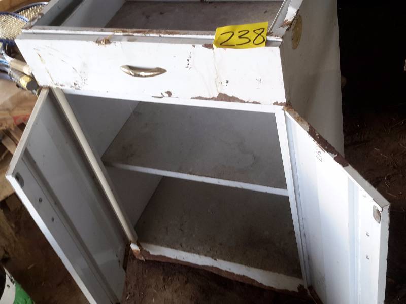lot 238 image: Old enamel base cabinet.. Needs cleaning