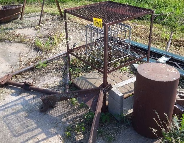 lot 269 image: 2, 3 point Hitches.  Steel TableShelf.. Metal milk Crate.. Barrel