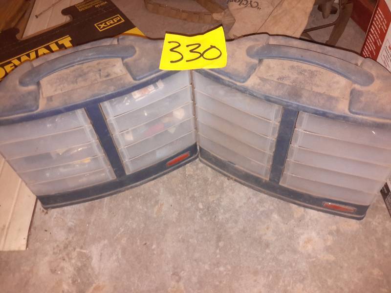 lot 330 image: 2 plastic toolstorage drawers and 2 vintage levels..