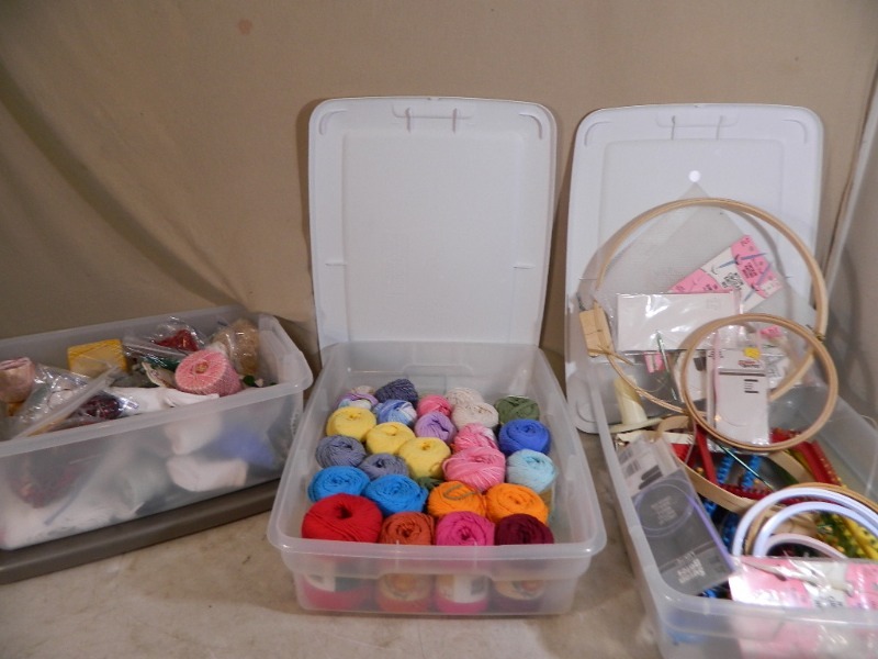 lot 163 image: 3 Totes with Lids Filled with Craft Supplies