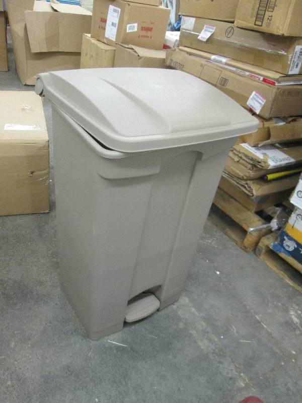 lot 191 image: Large Step Tan Trash Bin, warped bu...