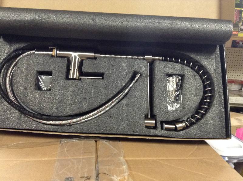 lot 52 image: KRAUS Commercial-Style Single-Handle Pull-Down Kitchen Faucet with Three-Function Sprayer in Stainless Steel open box never used