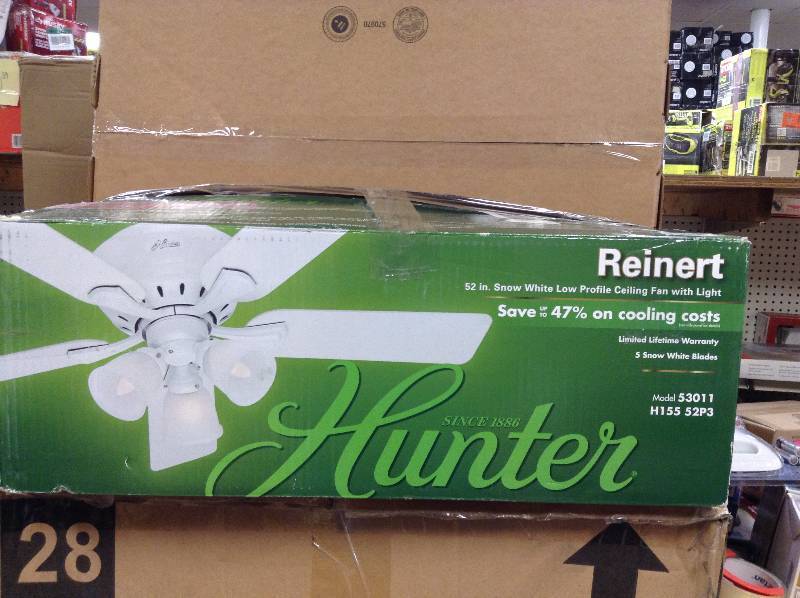 lot 62 image: Hunter Reinert 52 in. Indoor Low Profile White Ceiling Fan with Light Kit open box never used