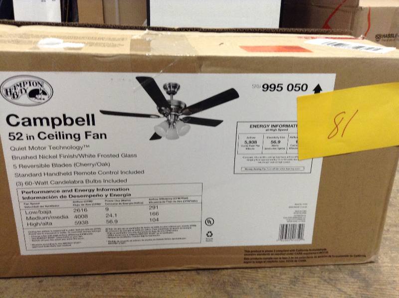 lot 81 image: Hampton Bay Campbell 52 in. Brushed Nickel Ceiling Fan open box never used