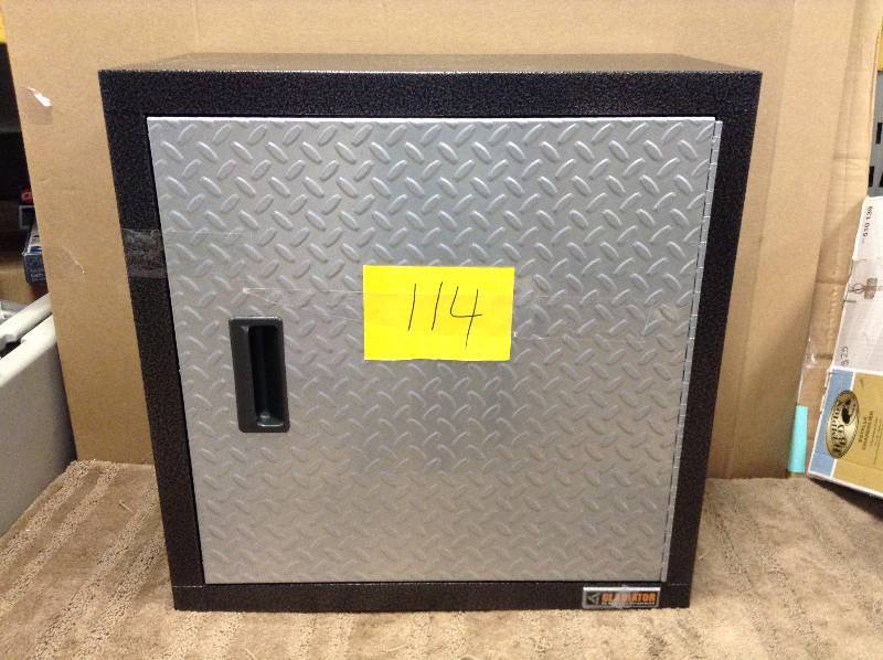lot 114 image: Gladiator Premier Series Pre-Assembled 24 in. H x 24 in. W x 12 in. D Steel Garage Wall Cabinet in Silver Tread open box never used