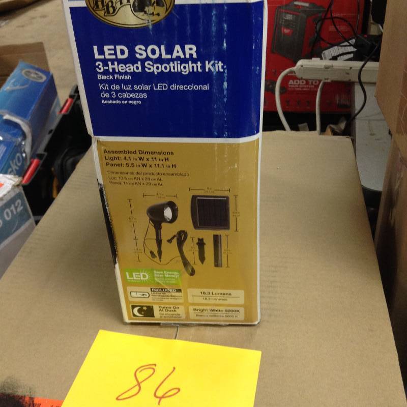 lot 86 image: Hampton Bay Black Solar Spot Light with Remote Panel (3-Pack) open box never used