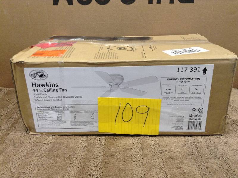 lot 109 image: Hampton Bay Hawkins Flush Mount 44 Ceiling Fan White 117-391 open box never used
