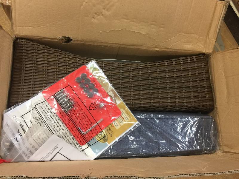 lot 130 image: Hampton Bay Spring Haven Brown All-Weather Wicker Patio Ottoman with Sky Blue Cushion Model#  66-20302 open box never used