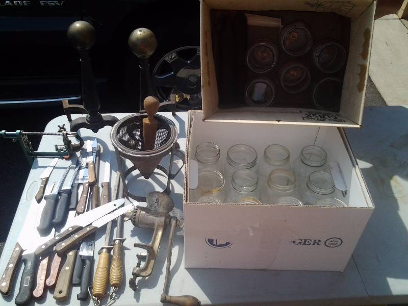 lot 32 image: Pair Andirons, Apple PeelerCorer, Knife Sharpener, Canning Jars