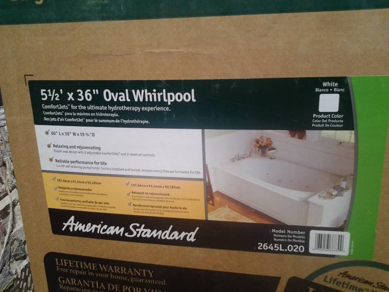 lot 34 image: New In Box American Standard Model 2645L.020 Oval Whirlpool Insert 5 12 x 3.  66x36x19 34 Deep. 6 Adjustable Control Jets, 2 Silent Air Controls