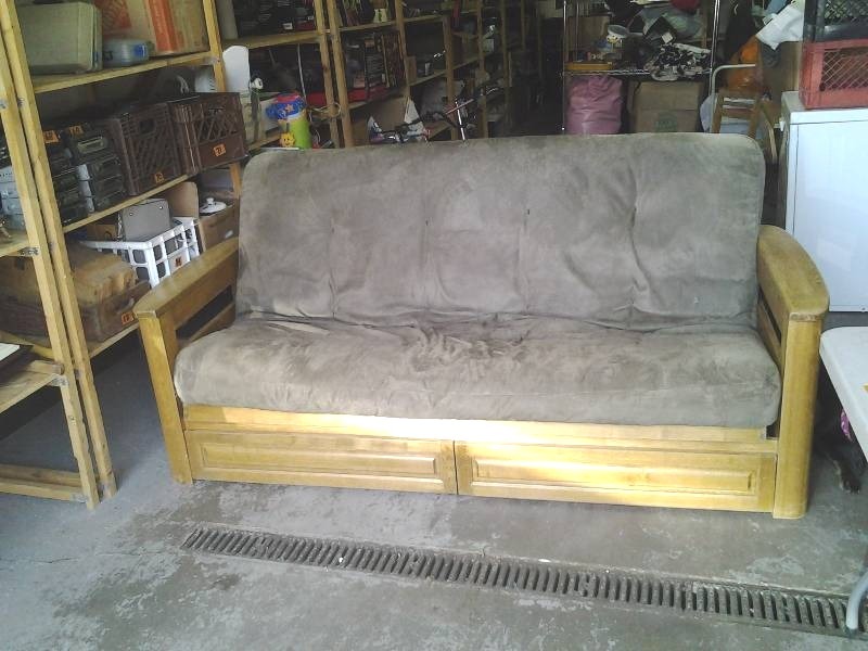 lot 72 image: Oak Frame Ultra Suede FutonSofa With 2-Drawer Under Storage & Spring Cushion Mattress