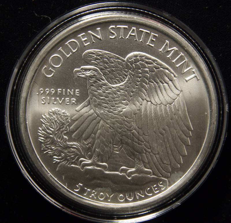 5 TROY Oz. .999 FINE SILVER EAGLE DESIGN BY GOLDEN STATE MINT IN AIRTITE HOLDER