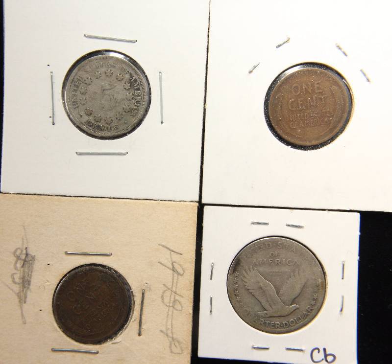 GROUP OF 4 COINS 1911 & 1913-D CENTS, 1867 5C & 1917-S 25C