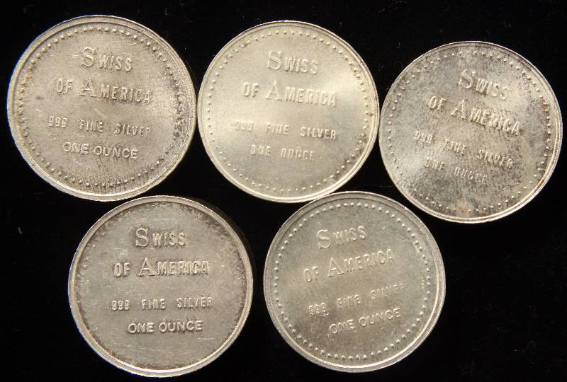 GROUP OF 5 - 1 TROY OZ. .999 FINE SILVER SWISS OF AMERICA ROUNDS