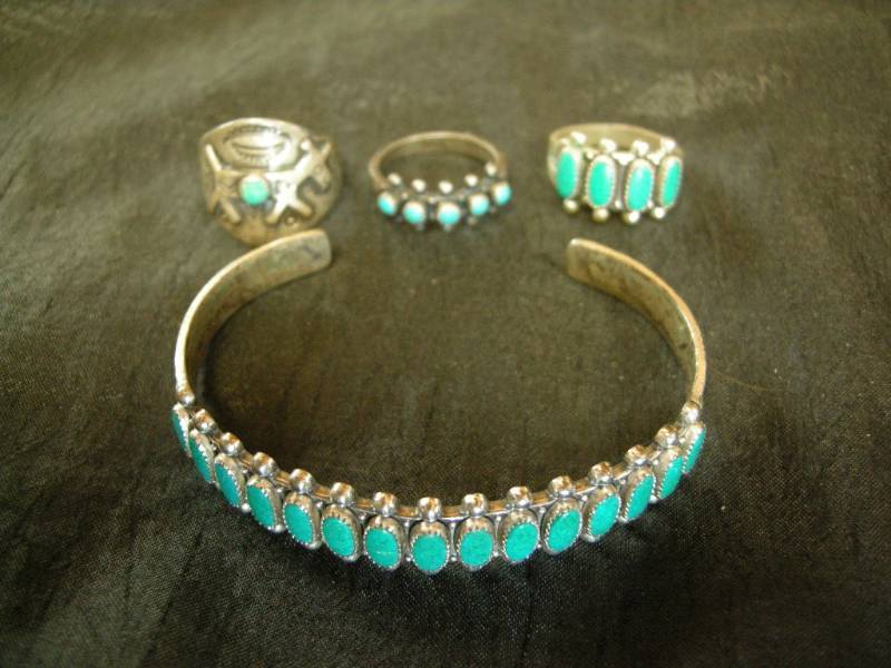 lot 160 image: Native American Sterling-Turquoise Rings and Bracelet