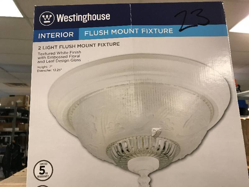 lot 23 image: Westinghouse 6616200 2 Light Flush Mount Floral and Leaf Glass Ceiling Fixture - White