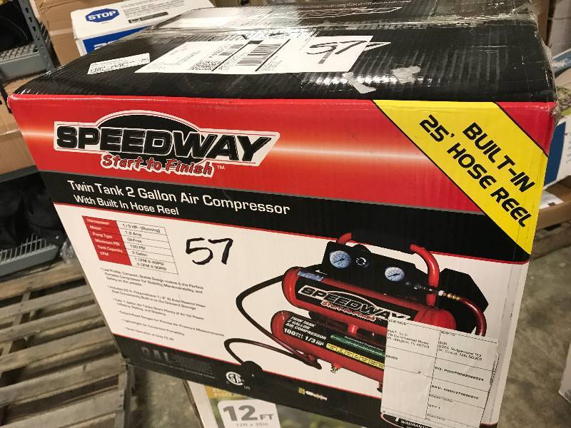 lot 57 image: Speedway 2-Gallon Twin Stack Compressor with Auto Rewind Hose